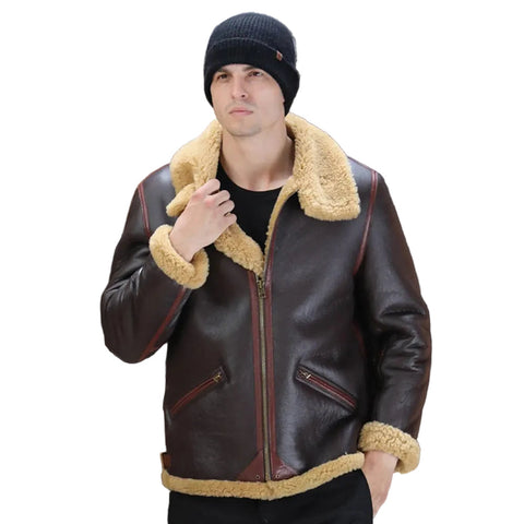 Mens Brown B3 Shearling Leather Bomber Sheepskin Jacket Coat