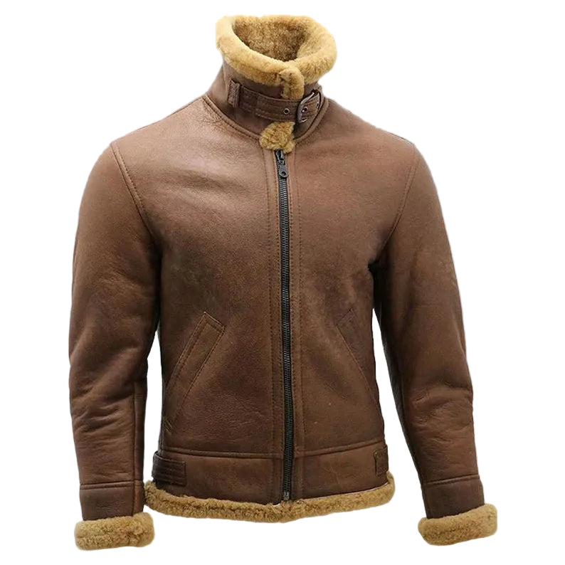 Mens Brown B3 Shearling Sheepskin WW2 Bomber Leather Flying Aviator Jacket
