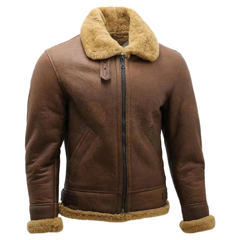 Mens Brown B3 Shearling Sheepskin WW2 Bomber Leather Flying Aviator Jacket