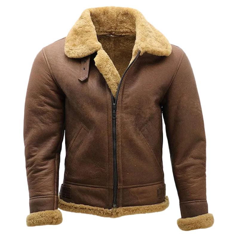 Mens Brown B3 Shearling Sheepskin WW2 Bomber Leather Flying Aviator Jacket