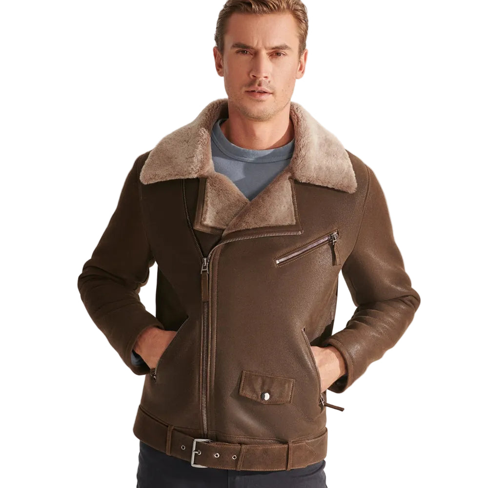 Mens Brown Biker Shearling Sheepskin Leather Aviator Jacket