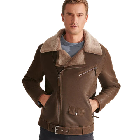 Mens Brown Biker Shearling Sheepskin Leather Aviator Jacket