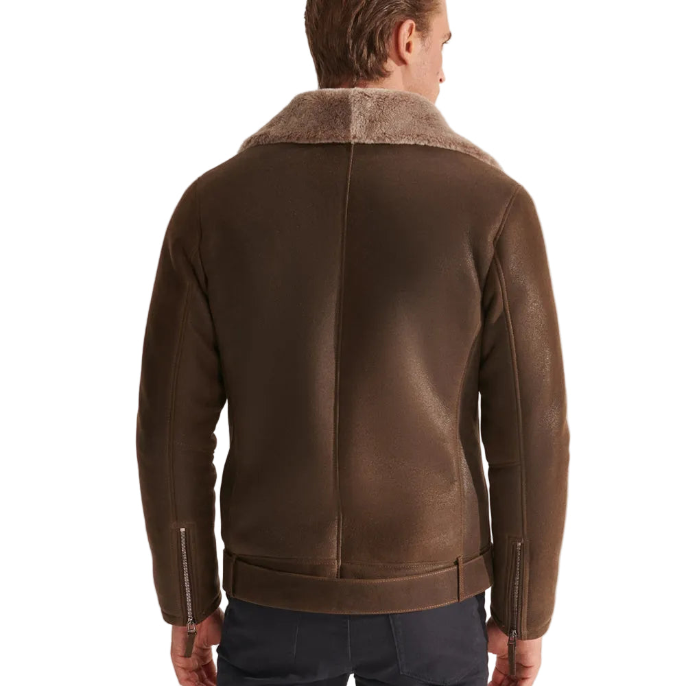 Mens Brown Biker Shearling Sheepskin Leather Aviator Jacket