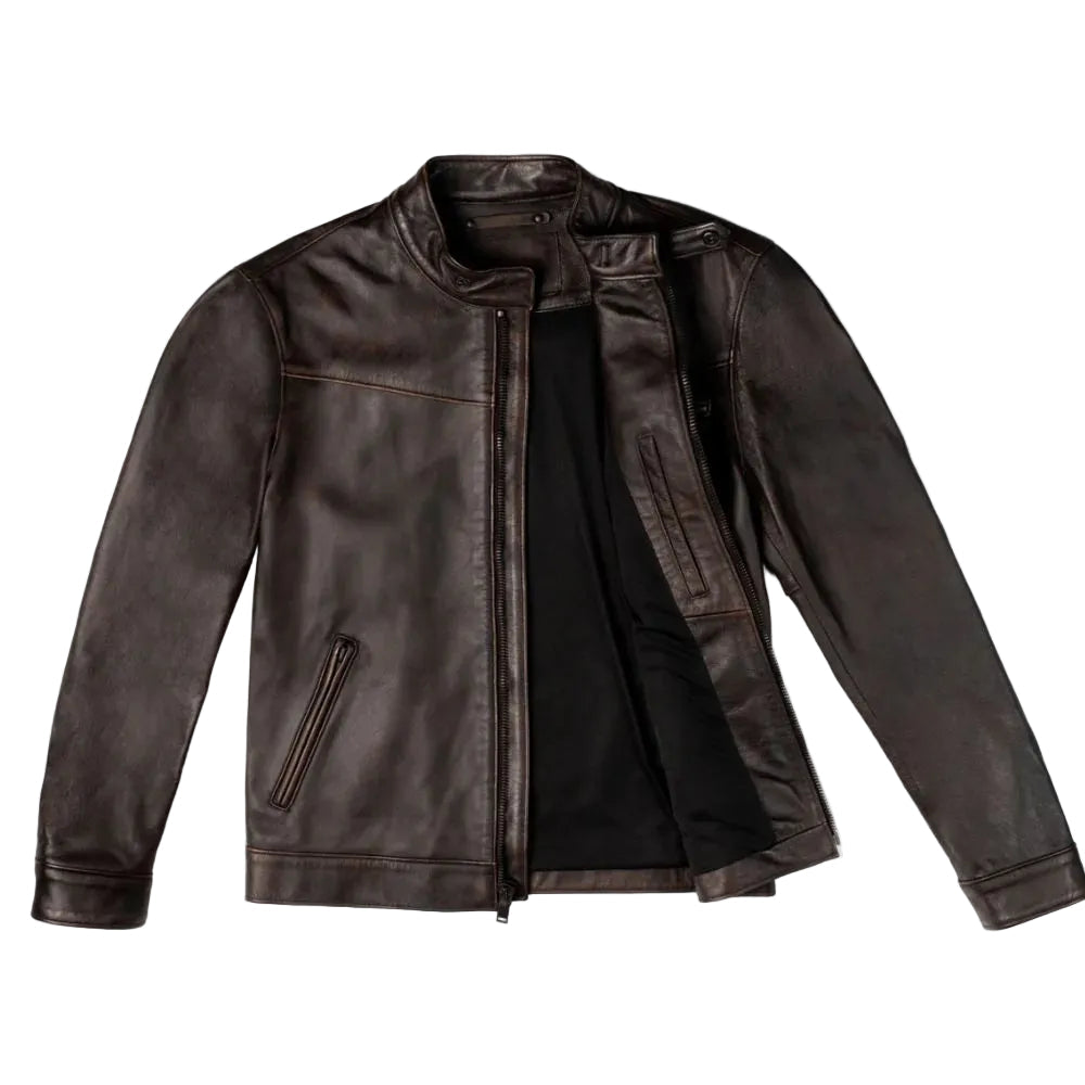 men's brown goatskin leather racer jacket marek side angle