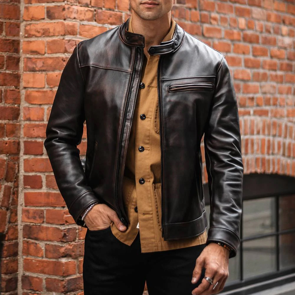 men's brown goatskin leather racer jacket marek detail close up