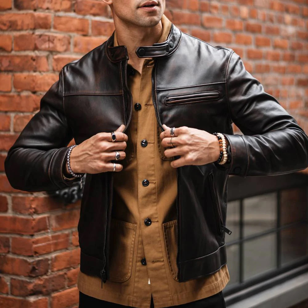 men's brown goatskin leather racer jacket marek texture detail