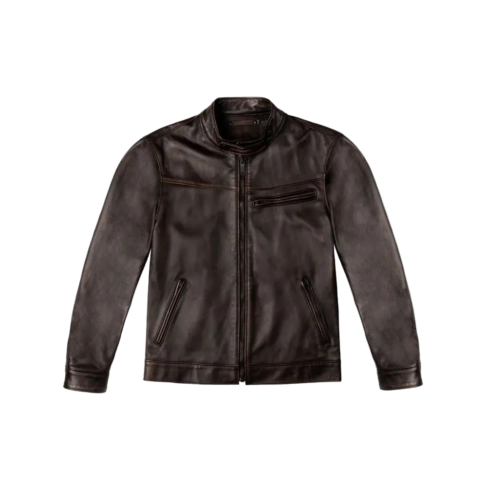 men's brown goatskin leather racer jacket marek front view