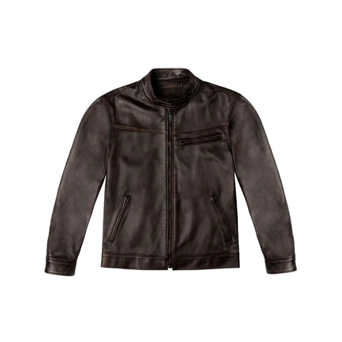 men's brown goatskin leather racer jacket marek front view