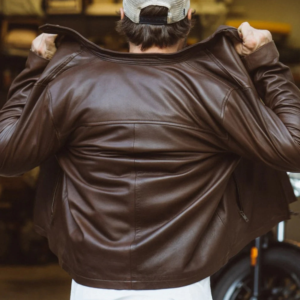 men's brown lambskin leather racer jacket henrik side angle