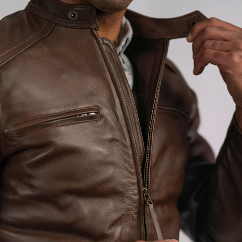 men's brown lambskin leather racer jacket henrik detail close up