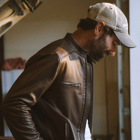 men's brown lambskin leather racer jacket henrik texture detail