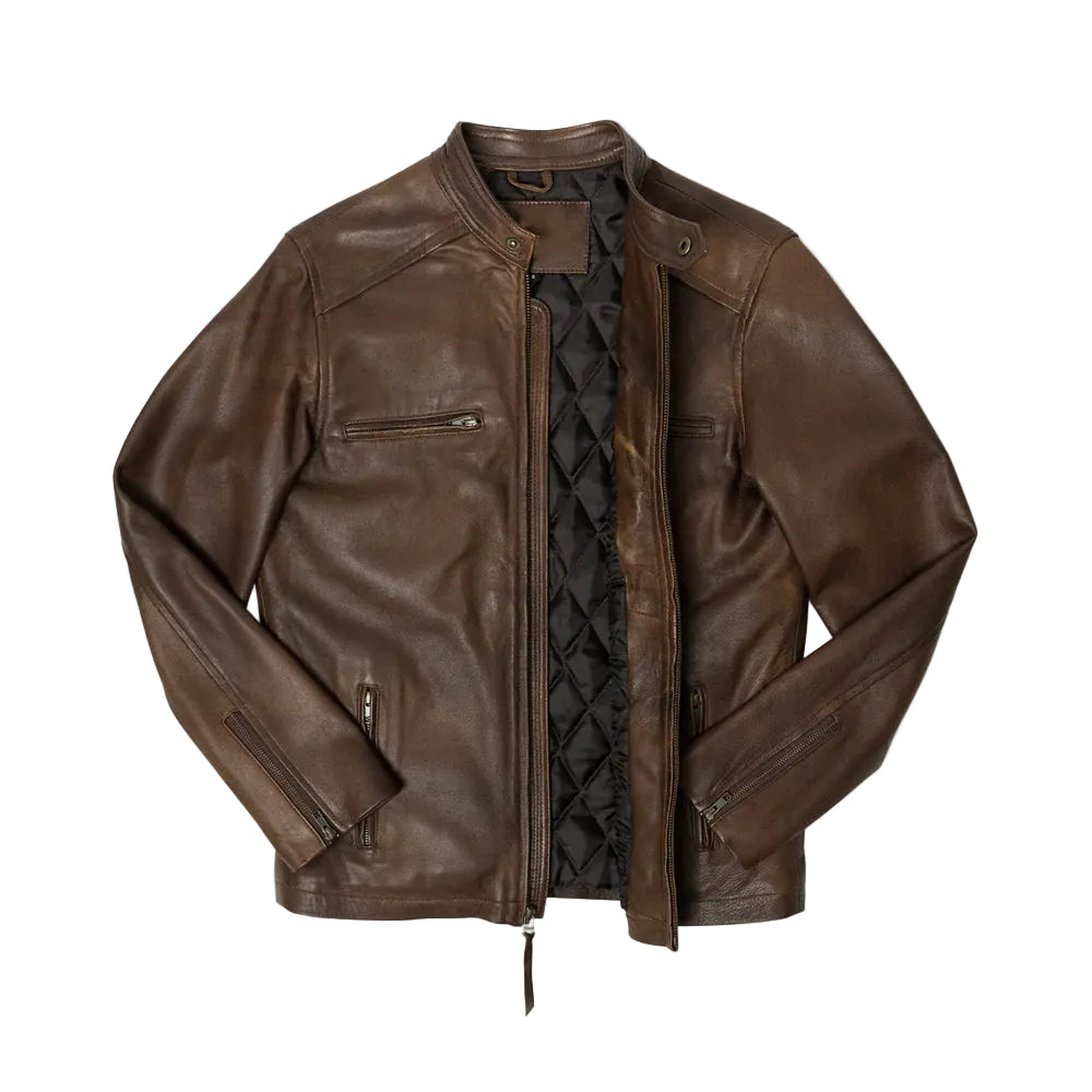 men's brown lambskin leather racer jacket henrik front view