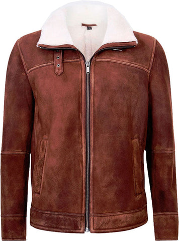 Mens Brown Cream Flying Leather Jacket With Fur