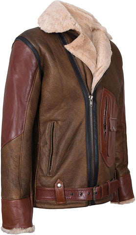 Mens Brown Crossover B3 Sheepskin Aviator Flying Leather Biker Jacket