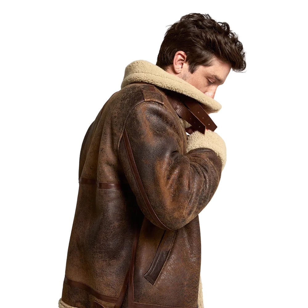 Mens Brown Distressed Leather Shearling Jacket