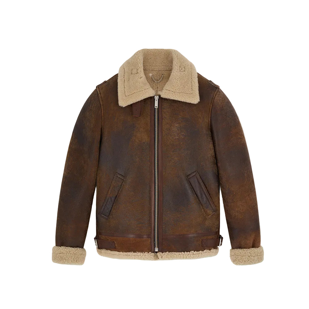 Mens Brown Distressed Leather Shearling Jacket