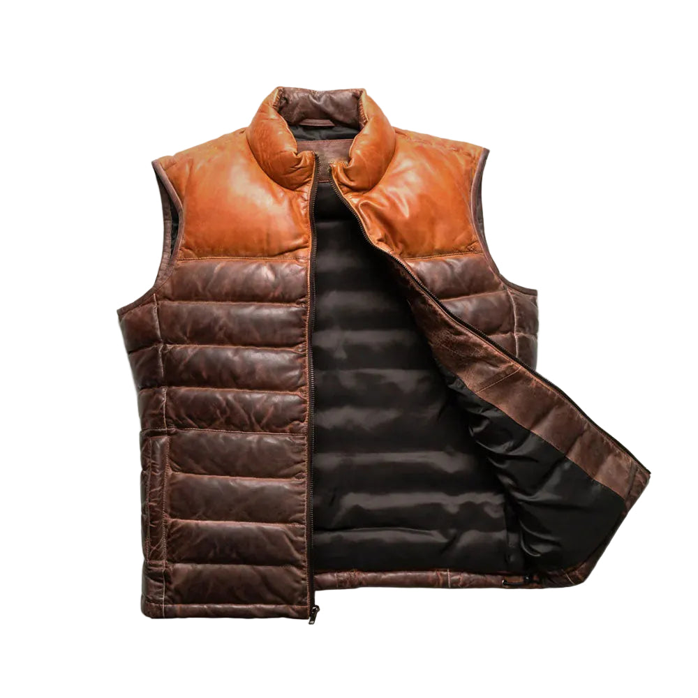 men's brown leather vest adler back view