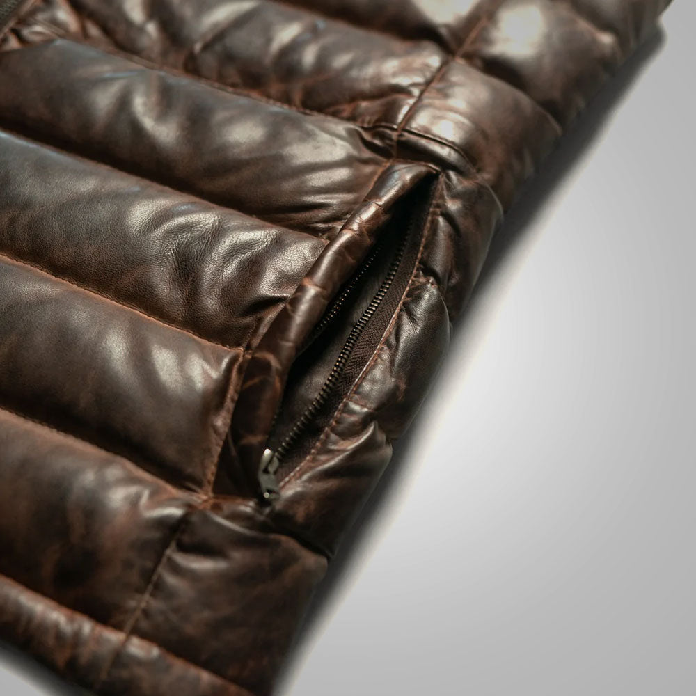 men's brown leather vest adler detail close up