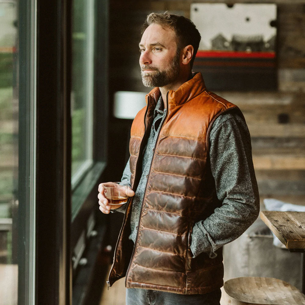 men's brown leather vest adler texture detail