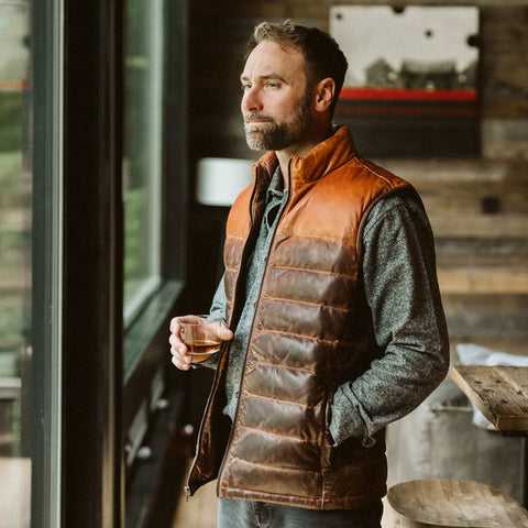 men's brown leather vest adler texture detail