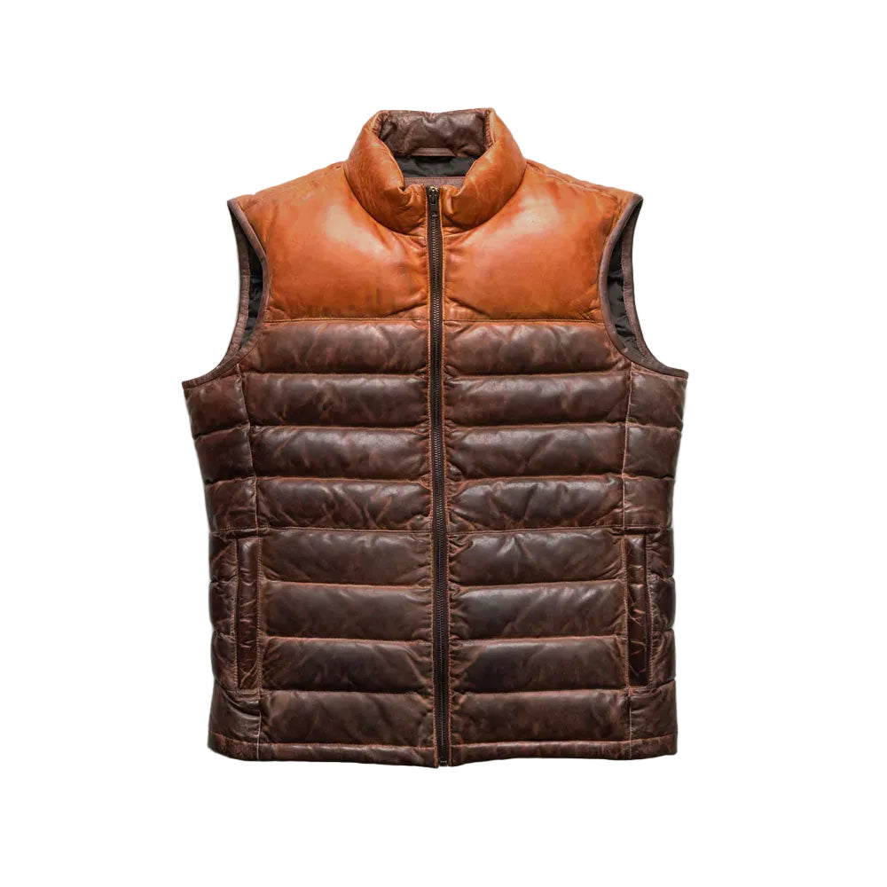men's brown leather vest adler front view