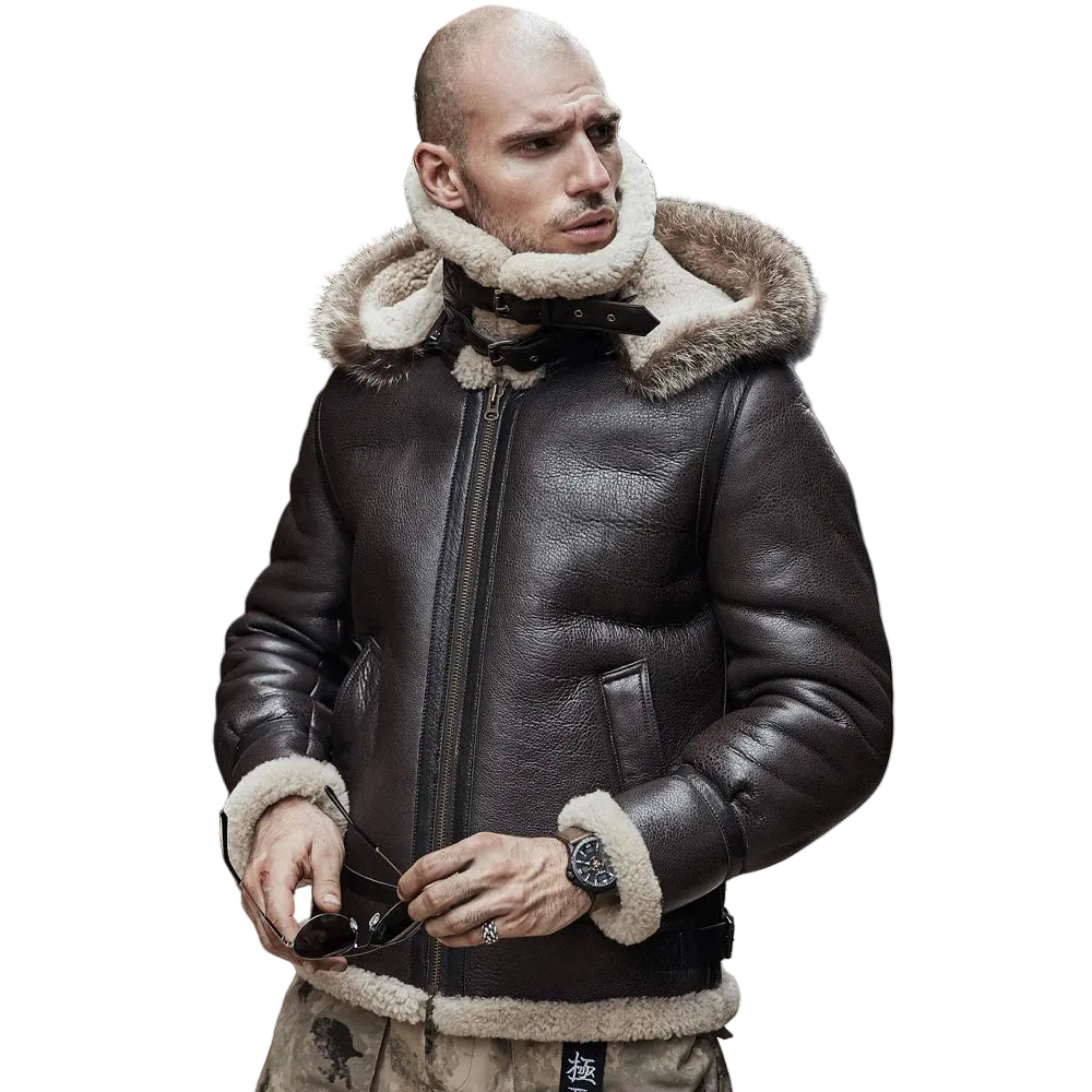 Mens Brown Hooded B3 RAF Aviator Sheepskin Shearling Leather Jacket
