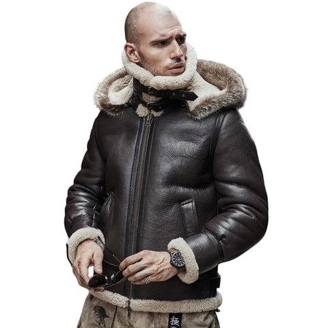 Mens Brown Hooded B3 RAF Aviator Sheepskin Shearling Leather Jacket