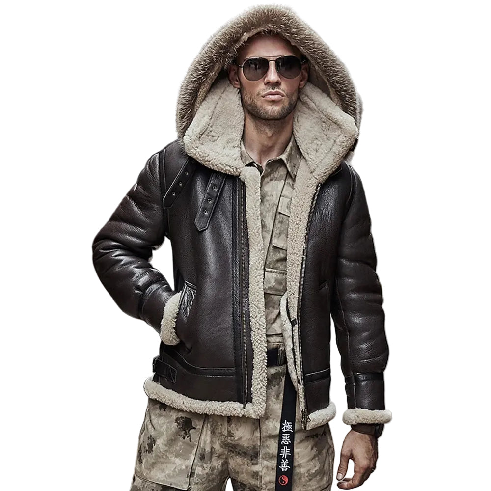 Mens Brown Hooded B3 RAF Aviator Sheepskin Shearling Leather Jacket