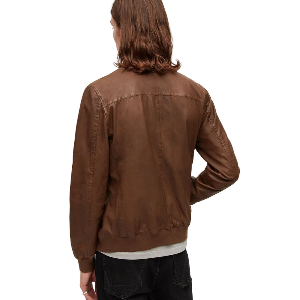 men’s brown lambskin leather bomber jacket side angle