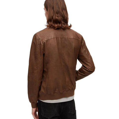 men’s brown lambskin leather bomber jacket side angle