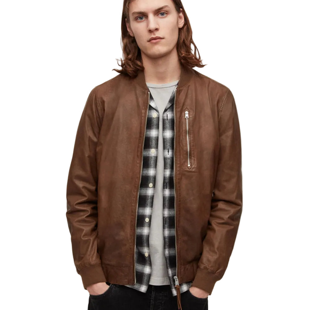 men’s brown lambskin leather bomber jacket front view
