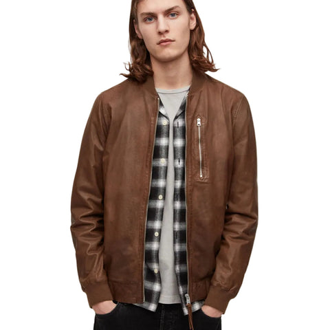 men’s brown lambskin leather bomber jacket front view
