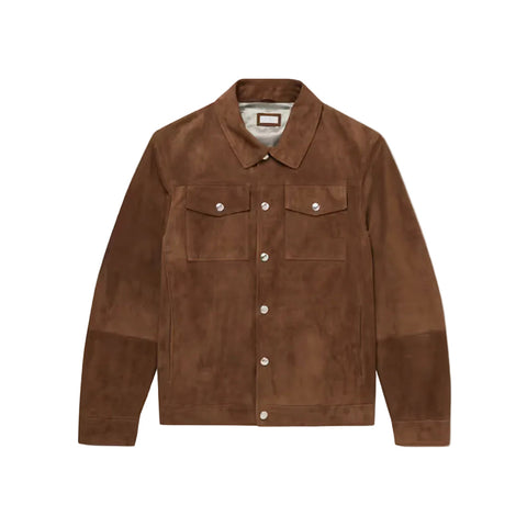 men's brown lambskin leather trucker jacket marek front view