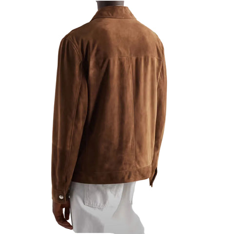 men's brown lambskin leather trucker jacket marek side angle