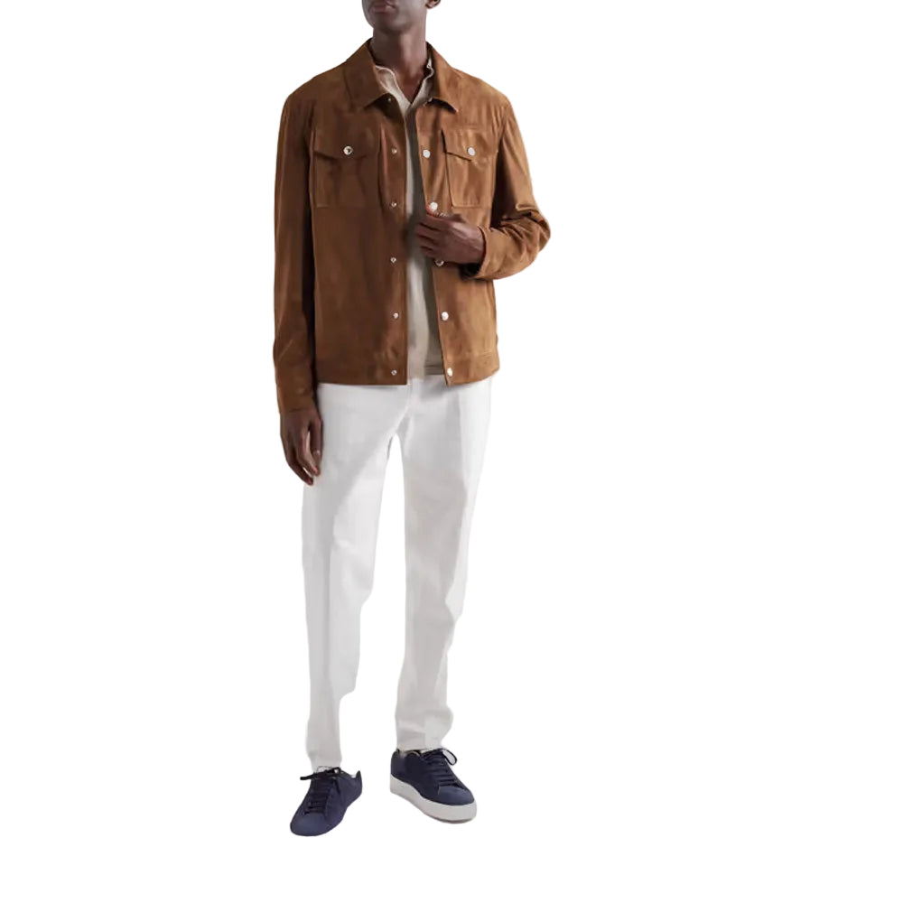 men's brown lambskin leather trucker jacket marek back view