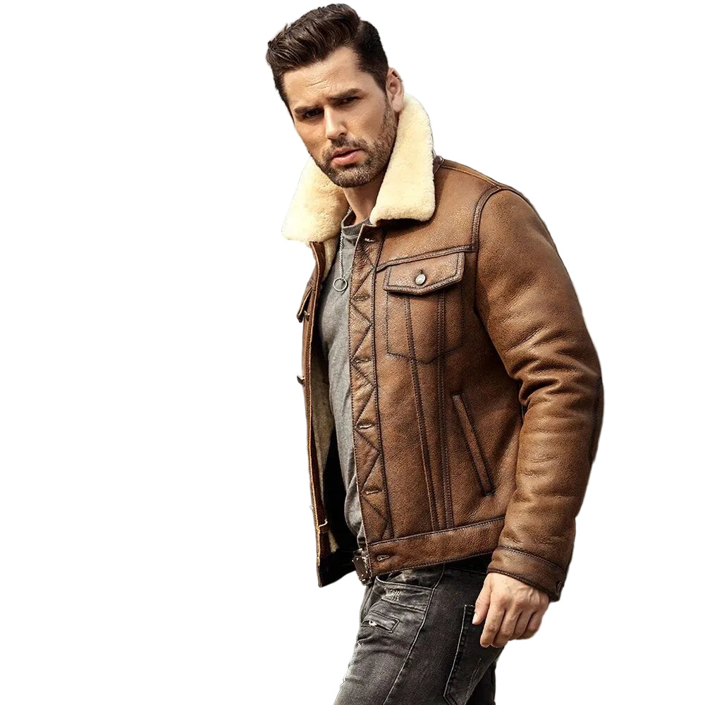 Mens Brown RAF B3 Sheepskin Trucker Shearling Leather Jacket