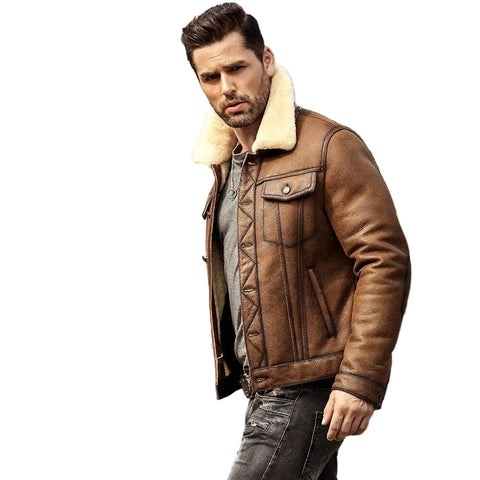 Mens Brown RAF B3 Sheepskin Trucker Shearling Leather Jacket