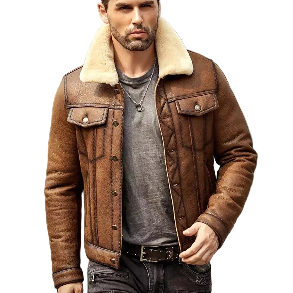 Mens Brown RAF B3 Sheepskin Trucker Shearling Leather Jacket