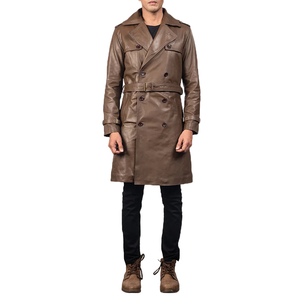 men's brown sheepskin leather leather coat marek front view