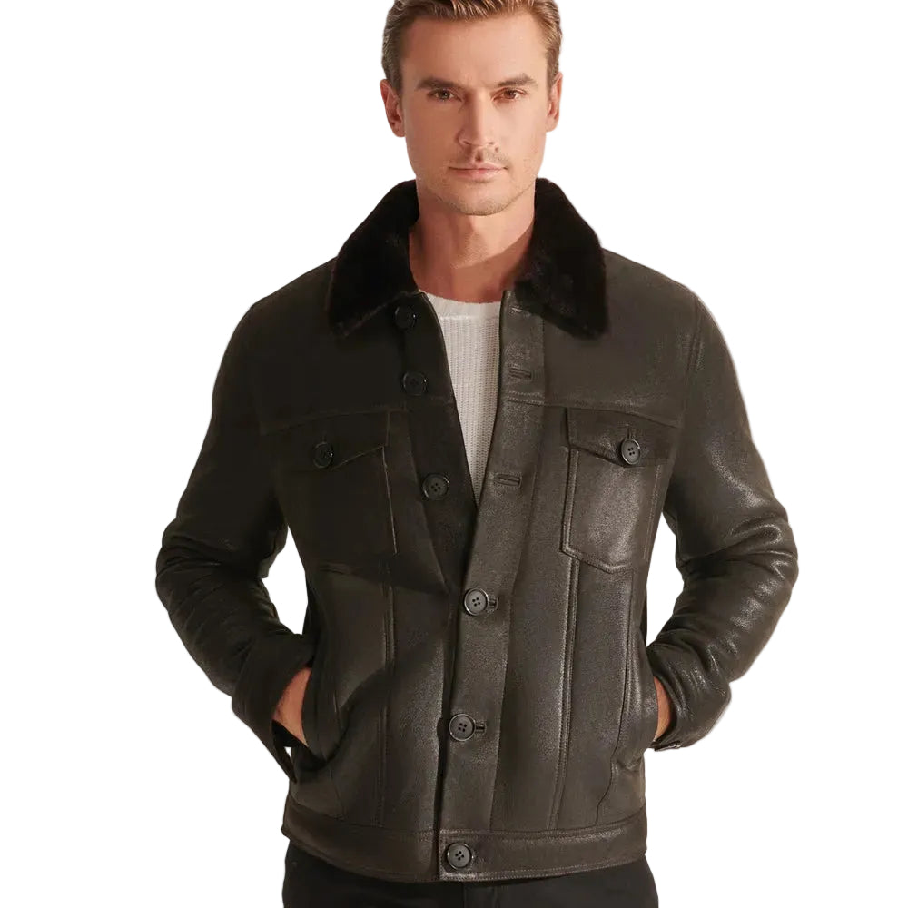 Mens Brown Sheepskin Shearling Leather Trucker Aviator Jacket