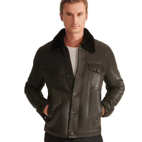Mens Brown Sheepskin Shearling Leather Trucker Aviator Jacket