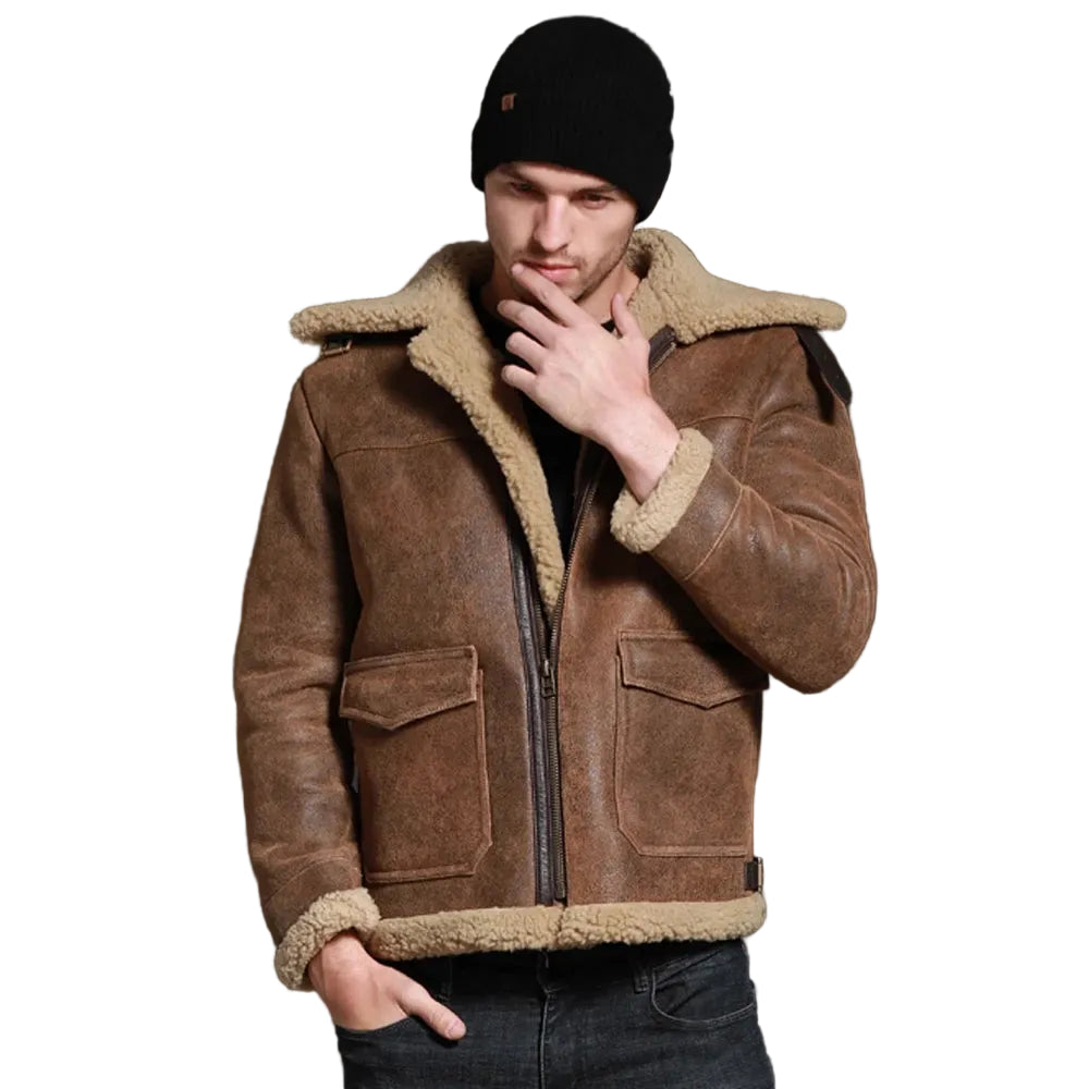 Mens Brown Short Sheepskin Fur Shearling Leather Jacket Coat
