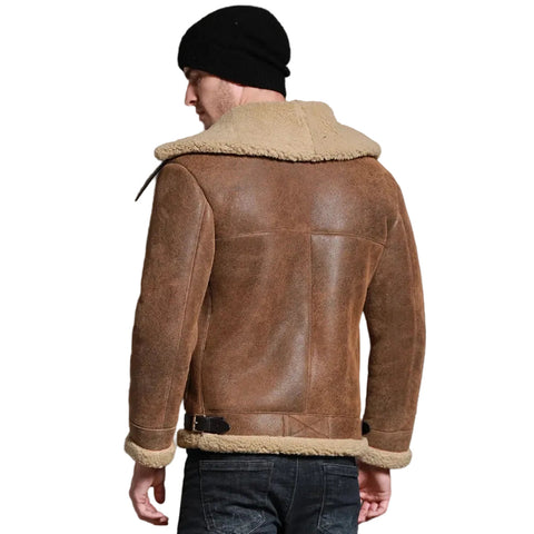 Mens Brown Short Sheepskin Fur Shearling Leather Jacket Coat