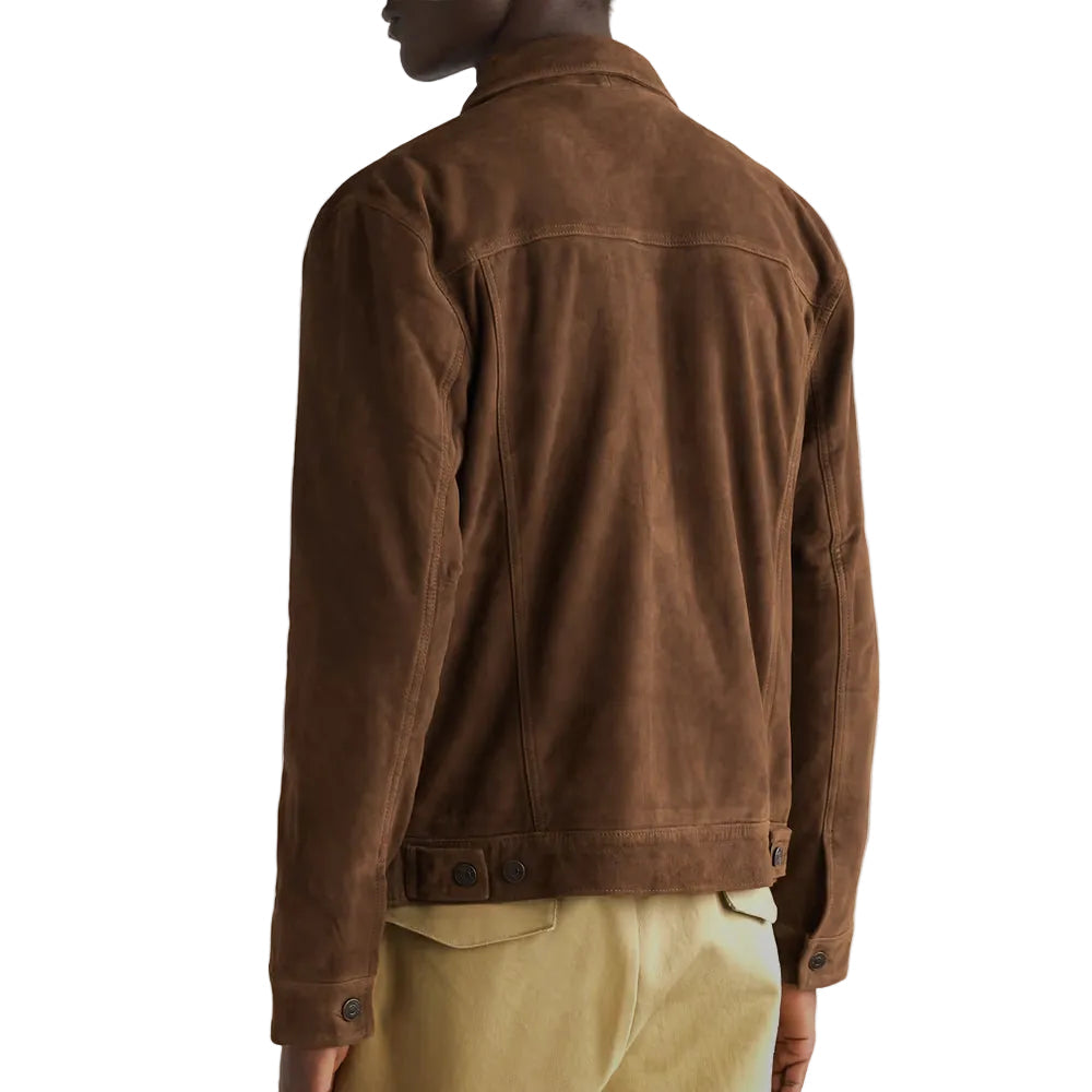 men's brown leather trucker jacket henrik back view