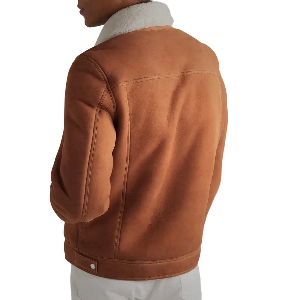 Mens Brown Suede Leather Shearling Trucker Jacket