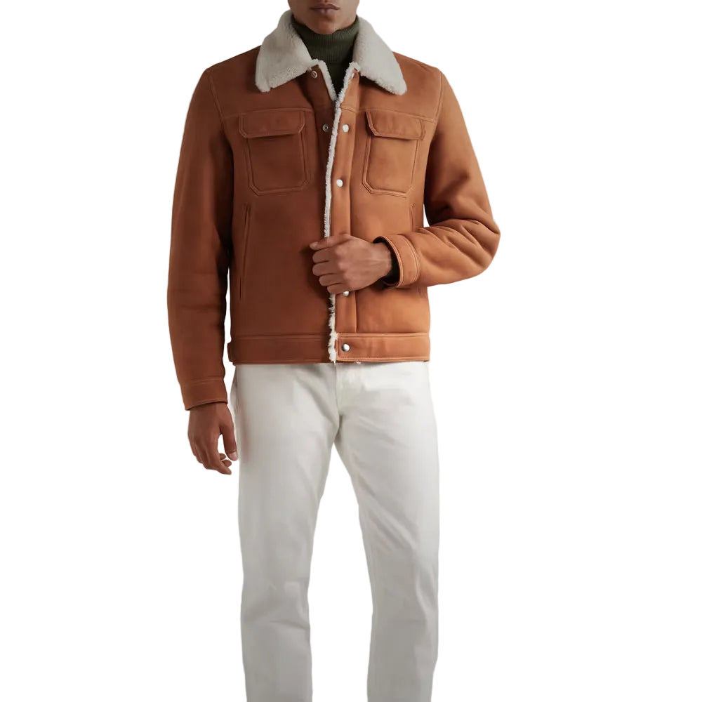 Mens Brown Suede Leather Shearling Trucker Jacket