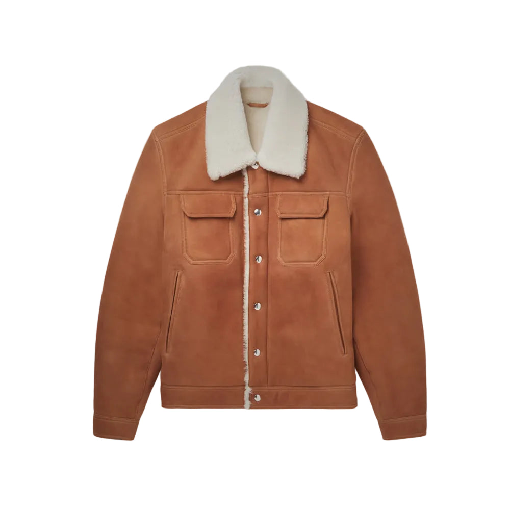 Mens Brown Suede Leather Shearling Trucker Jacket