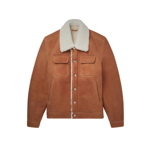 Mens Brown Suede Leather Shearling Trucker Jacket
