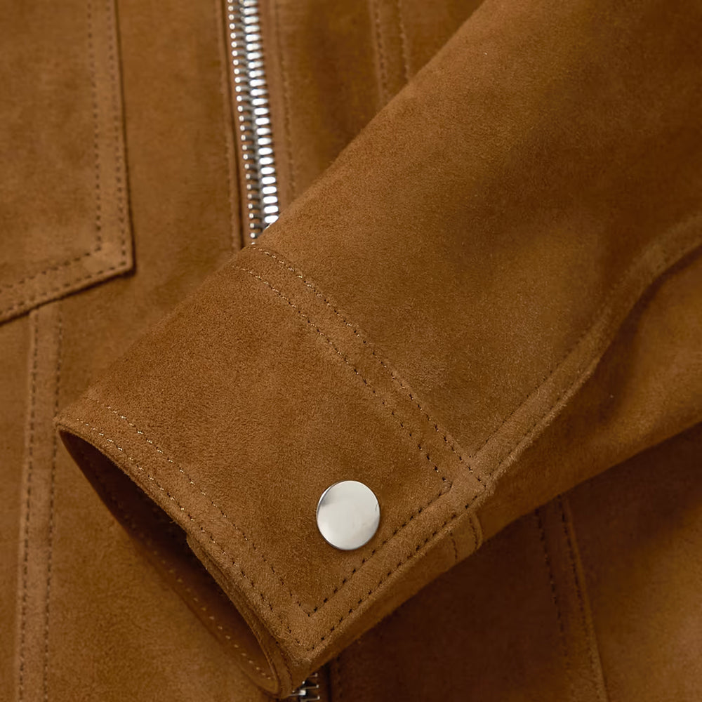 men's brown leather trucker jacket adler side angle