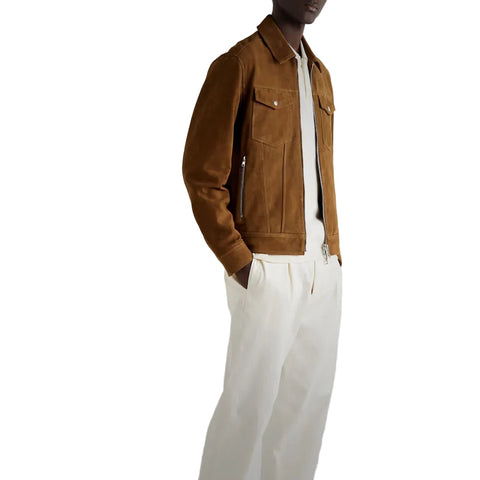 men's brown leather trucker jacket adler back view